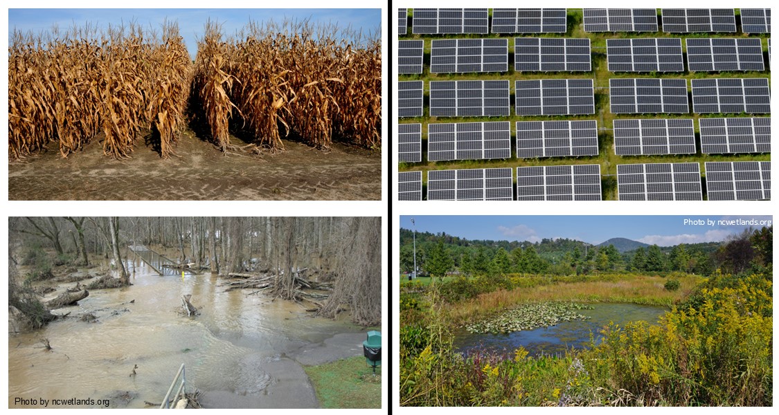 Climate challenges (like drought and flooding) and solutions (like solar panels and created wetlands and green infrastructure)